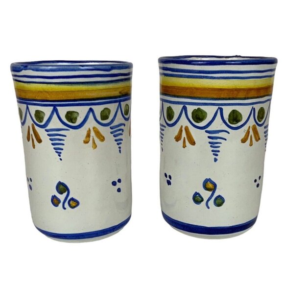 Talavera Handpainted Mexican Ceramic Coffee Mugs Set Of 2 Yellow Blue White - Picture 4 of 6